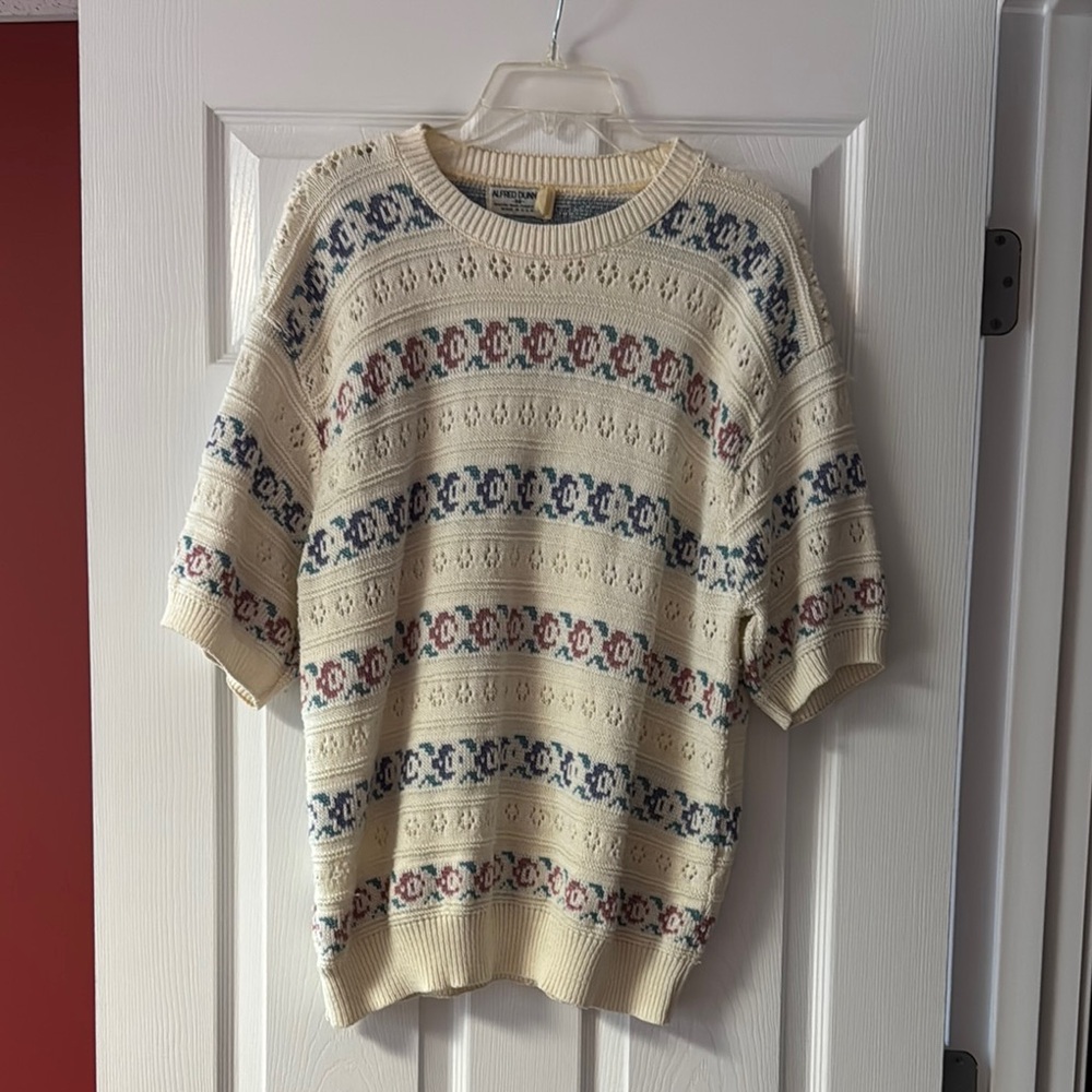 Cream Knit Sweater with Multicolor Pattern